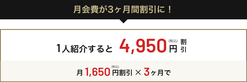 月会費が3ヶ月間割引に！ 1人紹介すると4,950(税込)円割引